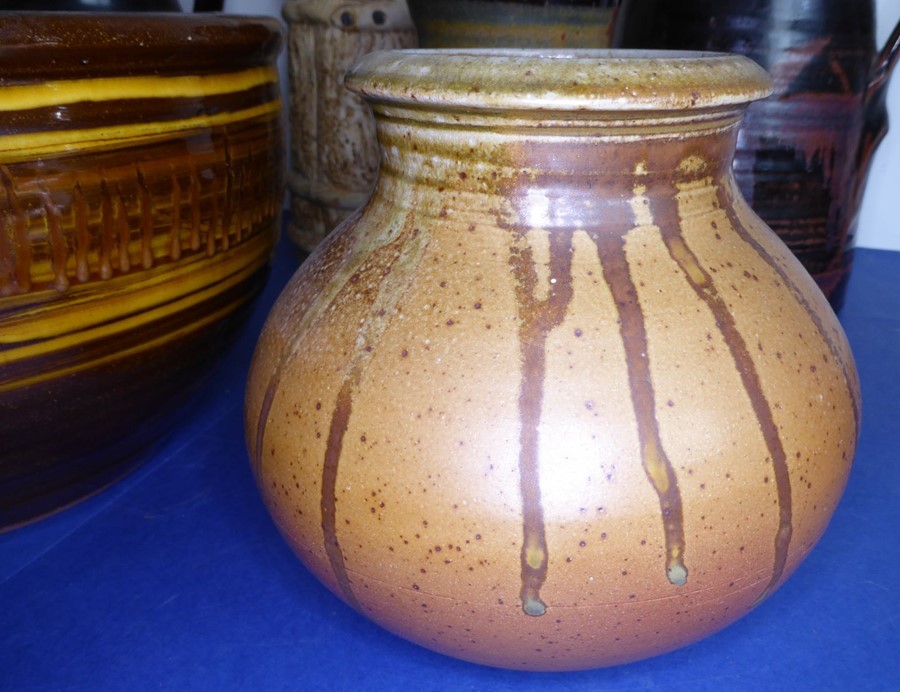 Seven studio and other stonewares: three large jugs, the tallest (31cm) by Ivan Martin at Cricklade; - Image 4 of 19