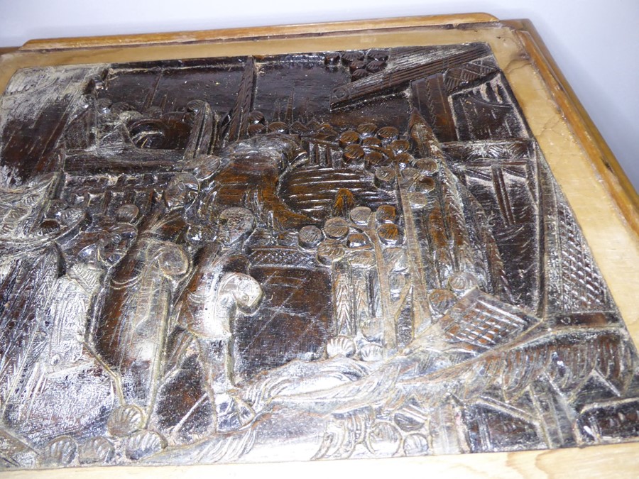 A nest of three Chinese hardwood tables; each top carved with Chinese figures and buildings and - Image 7 of 7