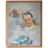LIONEL ROUSE (British, 1911-1984); a framed oil on artist's board study of a racing driver, two cars