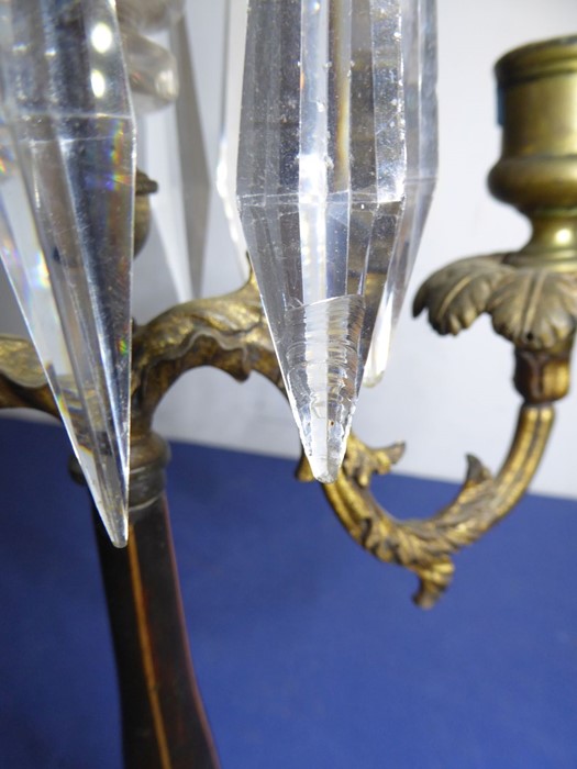 A 19th century gilt-metal and cut-glass two-branch candelabra; hanging hand-cut faceted lustres ( - Image 9 of 11
