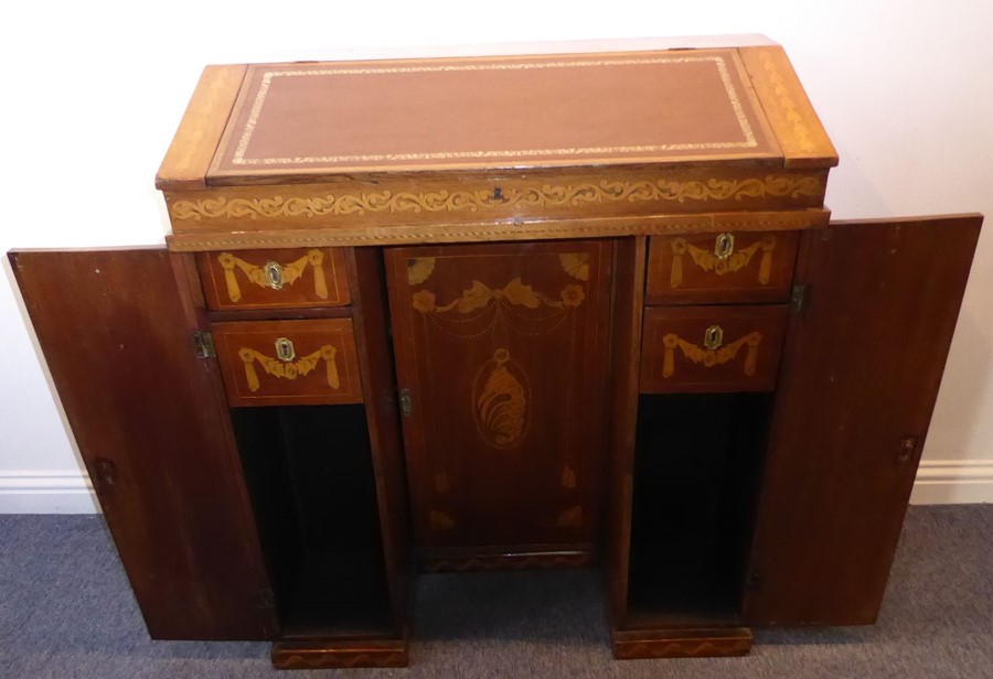 A fine 19th century walnut and marquetry maître d's desk; the sloping fall with tooled leather inset - Image 2 of 13