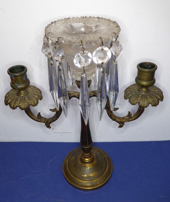 A 19th century gilt-metal and cut-glass two-branch candelabra; hanging hand-cut faceted lustres ( - Image 2 of 11