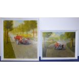 S C H DAVIS; two framed oil on canvas studies, male and female within red racing cars, each signed
