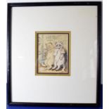 An early 20th century hand-coloured print after Louis Wain; two standing cats, ebonised framed and