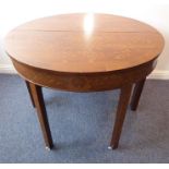 Two 19th century mahogany and marquetry demi-lune side tables connecting to form one round table;