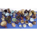 A mixed collection of mostly jars and vases comprising studio stoneware and slipware from various