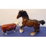 A Beswick Shire horse together with a Beswick 'Champion of Champions' cow; the Shire horse with
