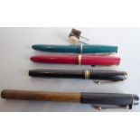 Four fountain pens with 14-carat gold nibs: a De La Rue 'Onoto' (Pat. 1922), a red Parker 'Duofold',