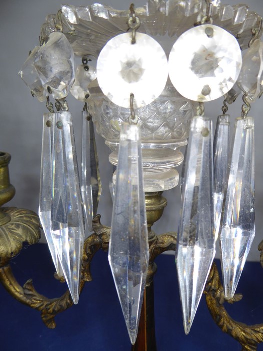 A 19th century gilt-metal and cut-glass two-branch candelabra; hanging hand-cut faceted lustres ( - Image 7 of 11