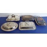 A selection of five, mostly early 20th century, silver-plated entrée dishes and covers (four