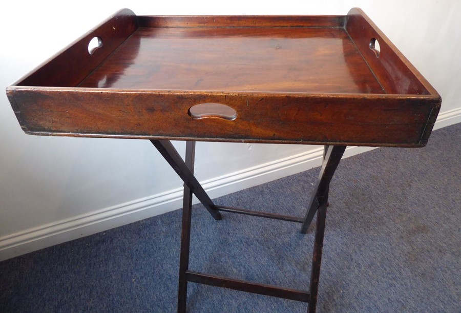 A 19th century three-handled mahogany butler's tray on stand; the folding x-frame stand with two - Image 9 of 15