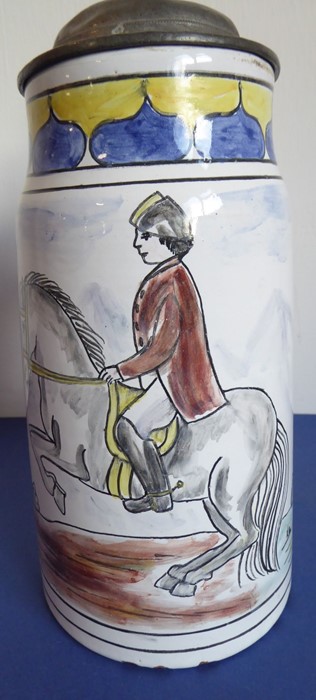 An early 19th century German faience stein and cover; decorated with a picture of a man on a rearing - Image 4 of 10