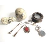 A mixed lot to include a decorative variegated marble egg, a 19th century brass lens, a painted