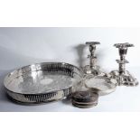 A selection of mostly silver plate to include a circular galleried tray, a pair of table