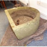 A 19th century Cotswold stone D-shaped verdigrised trough (70cm wide x 57cm deepest x 30cm high)