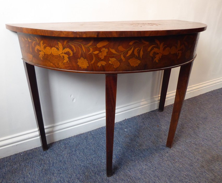 A late 19th / early 20th century demi-lune walnut and boxwood marquetry side table; raised on square - Image 5 of 6