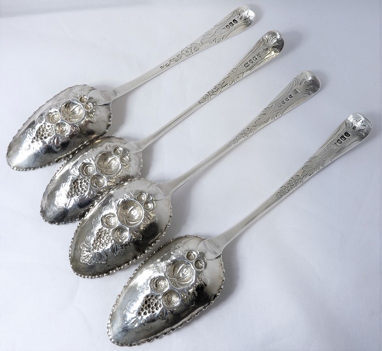 Four 18th/19th century berry spoons (later decorated) various makers and year letters (each - Image 3 of 7