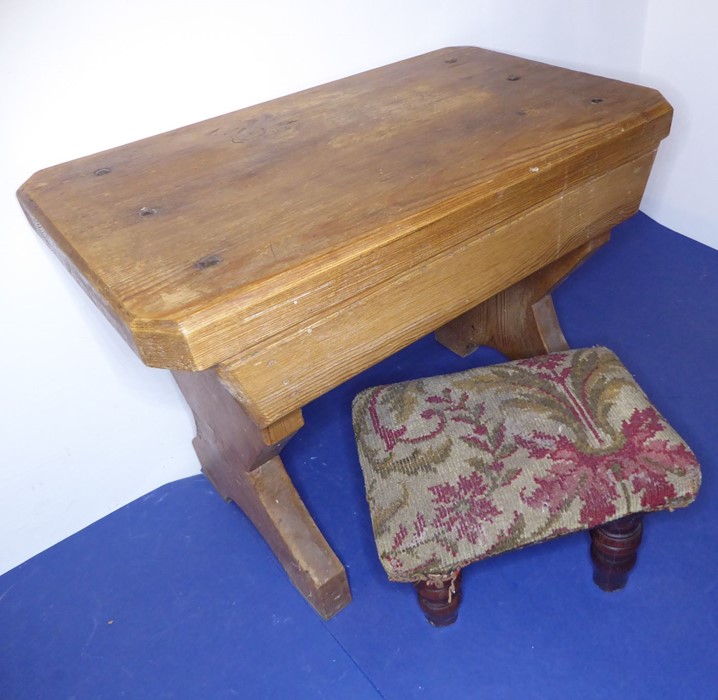 A pitch pine stool and a smaller upholstered stool with turned legs (probably 19th century) (2) - Image 2 of 7