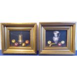 L. PIZARRO (Spanish, b. 1937); a pair of gilt-framed oil/acrylic still-life studies, fruits before a