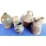 A group of six post-war studio stonewares: various potteries and mostly unmarked, the largest (