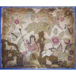 A mounted needlework fragment, depicting a female figure in a long dress with various animals and