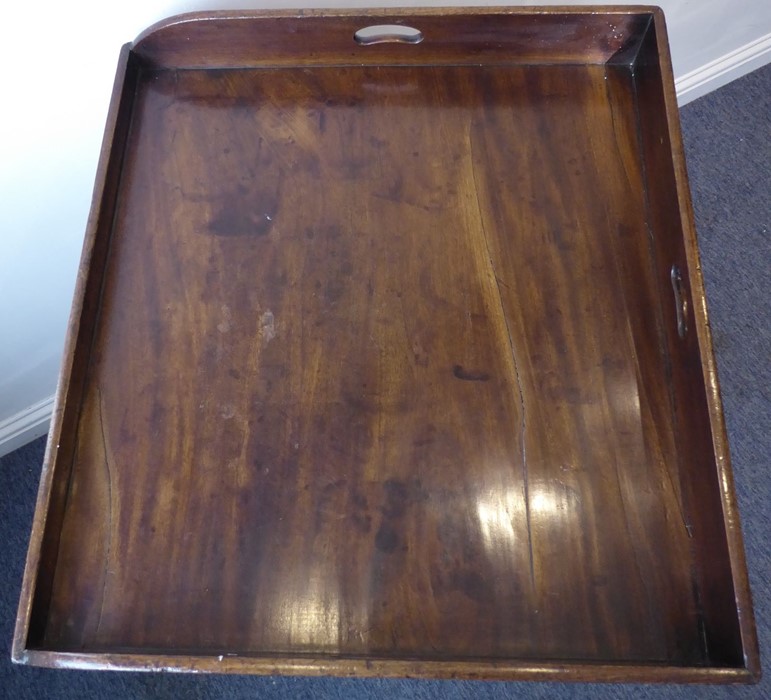 A 19th century three-handled mahogany butler's tray on stand; the folding x-frame stand with two - Image 6 of 15