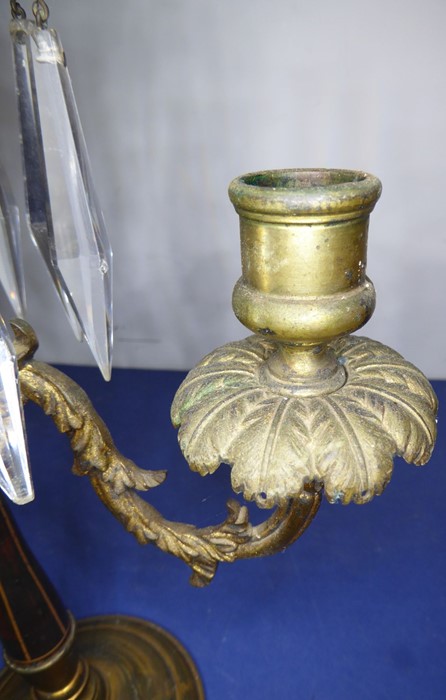 A 19th century gilt-metal and cut-glass two-branch candelabra; hanging hand-cut faceted lustres ( - Image 4 of 11