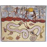 Two Aboriginal paintings on canvas panels signed Guvullah; one decorated with a snake and other