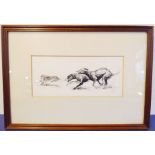 RODGER MCPHAIL (b.1953); a black ink sketch of greyhounds coursing; initialled RM lower right,