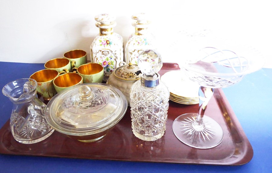 A mixed ceramics and glassware lot: a pair of 19th century porcelain flasks/scent bottles; a set