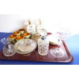 A mixed ceramics and glassware lot: a pair of 19th century porcelain flasks/scent bottles; a set