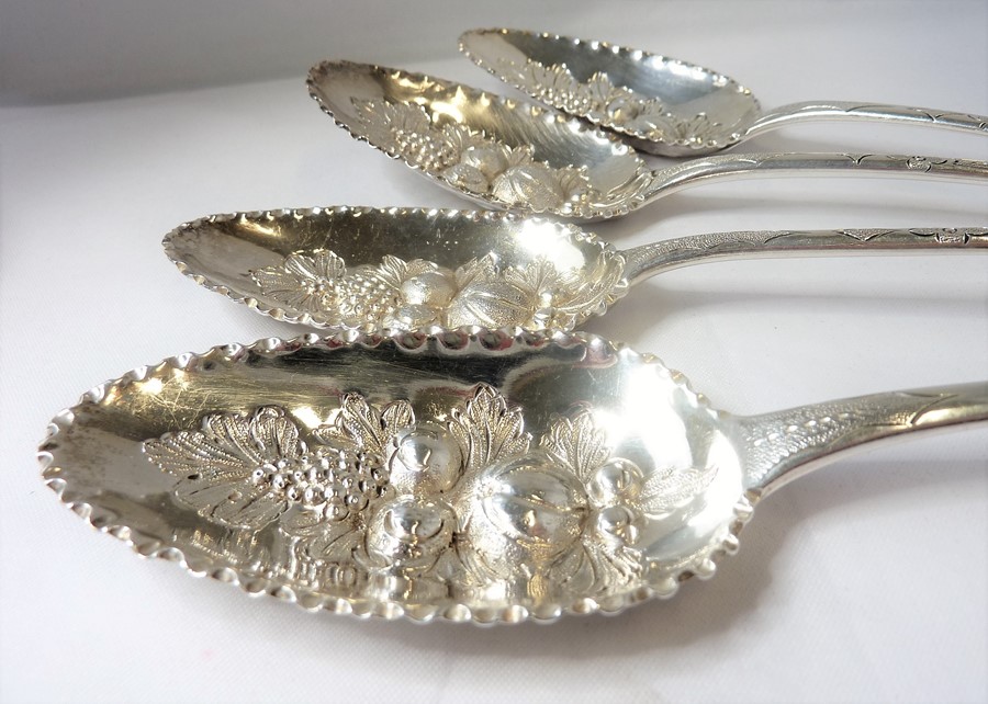 Four 18th/19th century berry spoons (later decorated) various makers and year letters (each - Image 6 of 7