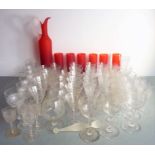 Various drinking glasses to include small etched conical-shaped examples, wines, sherries, liqueurs,