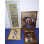 Three framed Oriental-style works and a silkwork (62cm x 26cm); the two wooden-framed portraits (