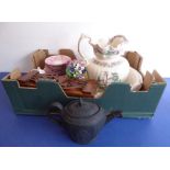 A mixed ceramics group to include a mid-19th century Sunderland lustre part tea service, a black