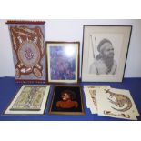 A portrait sketch of an Aborigine signed C. Marsden-Huggins and Aborigine art to include a set of