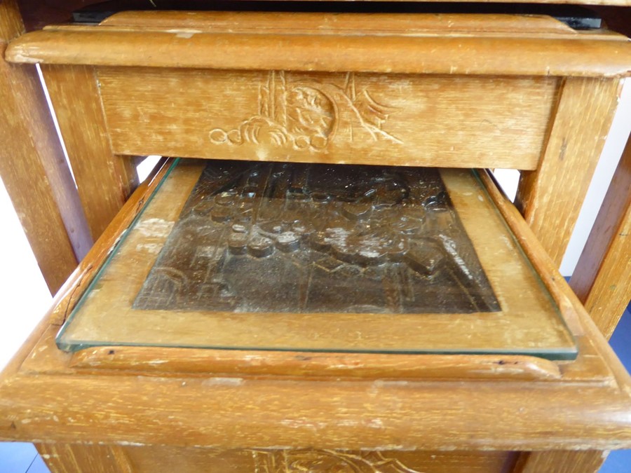 A nest of three Chinese hardwood tables; each top carved with Chinese figures and buildings and - Image 3 of 7