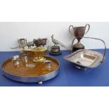 A varied lot of mostly silver and silver plate: two silver-plate table-centre-type school trophies