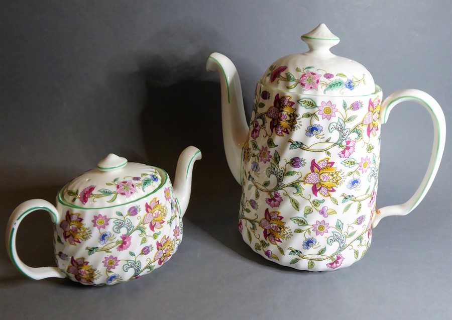 A Minton 'Haddon Hall' part tea service to include cups, saucers, teapot, coffee pot and lidded - Image 3 of 6