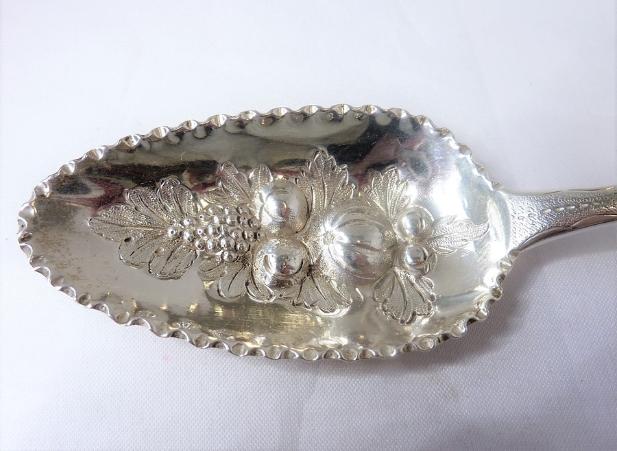 Four 18th/19th century berry spoons (later decorated) various makers and year letters (each - Image 5 of 7