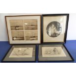 Four decorative framed and glazed pictures and prints to include a 1936 four-photo montage of the