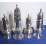 Four hallmarked silver casters; one being an 18th century example of baluster form, and another