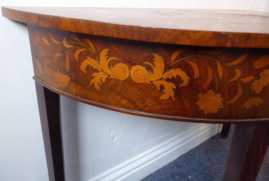 A late 19th / early 20th century demi-lune walnut and boxwood marquetry side table; raised on square - Image 6 of 6