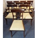 A set of ten (8+2) Regency-style mahogany dining chairs; the two carvers with concave tablet-