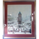 L S LOWRY (1887-1976); a large print of the 1966 painting 'Town Centre'; silver-metal frame and