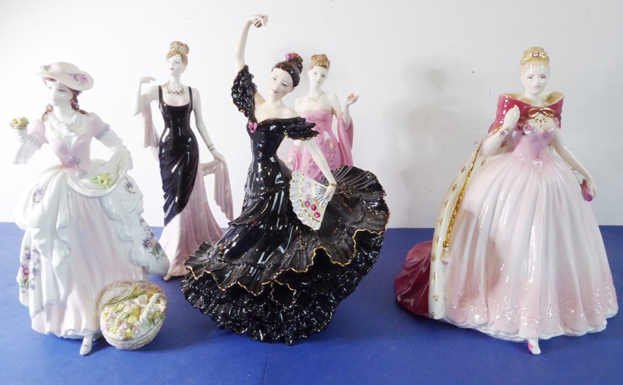 Five limited edition Coalport porcelain figures to include 'The Flower Seller' (1484/9500), '