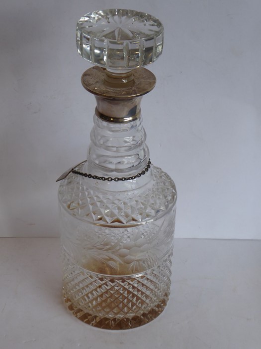 A cut-glass cylindrical decanter with mushroom-style stopper and hallmarked silver neck, also with - Image 2 of 7