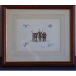 A framed and glazed watercolour and pencil study of three hounds with pencil vignettes to the