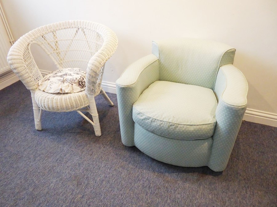 An Art Deco-style light-green-upholstered tub chair together with a white-painted wickerwork