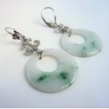 A pair of jadeite and diamond-set ear pendants, each mottled white and green jadeite (untested),